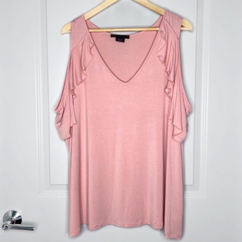 NWOT LOVE & LEGEND Ruffled Top V Neck Cold Shoulder Soft Blush Pink Plus Size 3X